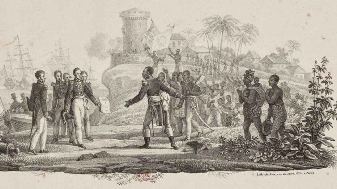 An 1825 engraving by Jean-Charles Develly depicts French envoy Baron de Mackau presenting King Charles X's ordinance to Haitian President Jean-Pierre Boyer, demanding a 150 million gold franc indemnity for formal recognition of independence