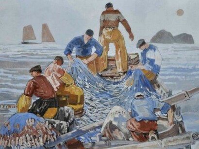 Mathurin Méheut, _Pêche à la sardine en canot en baie d’Audierne_, 1952, peinture à la détrempe à la caséine, 100 x 150 cm. Localisation inconnue