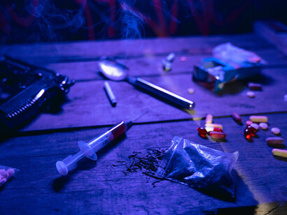 Drugs, syringes, and pills laid out on a table, highlighting the reality of addiction and substance abuse