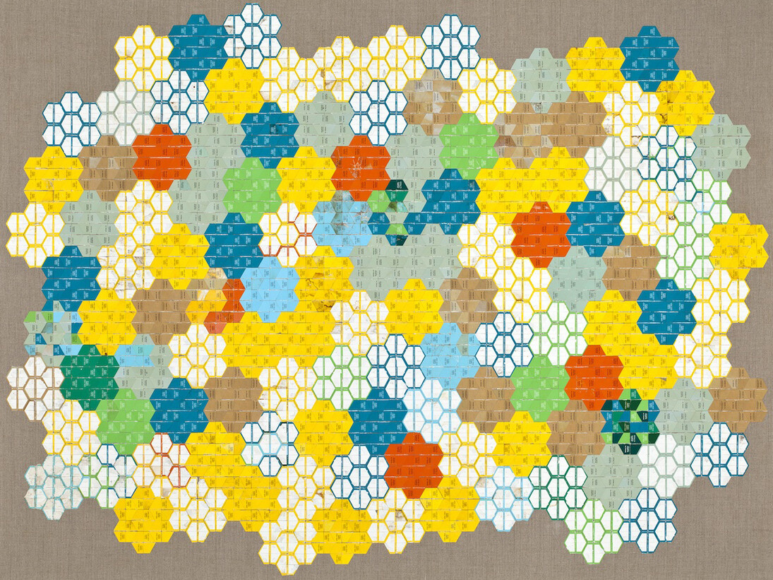 Robert Larson, American Bloom, 2014, Discarded American Spirit cigarette packaging on linen, 47.5 x 62 inches, 120.7 x 157.5 cm