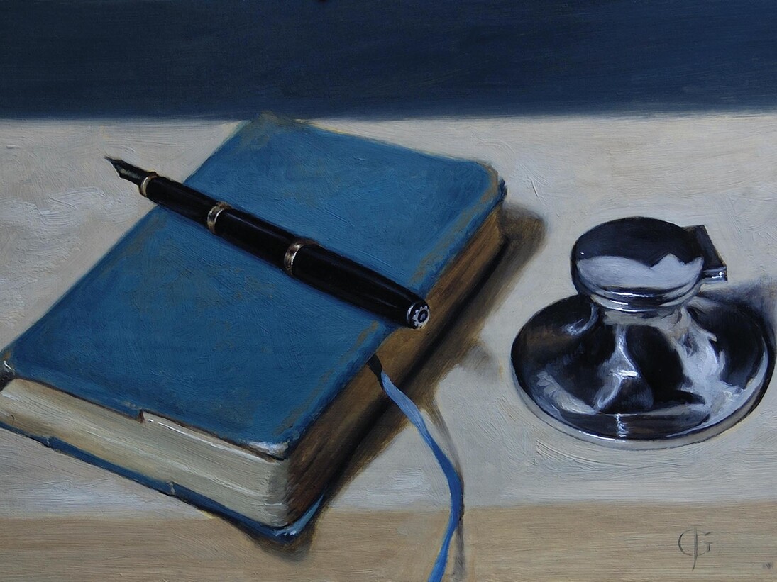 James Gillick, Pen, Book & Silver Inkwell, Signed, Oil on wood braced with brass, 7.87 x 13.2ins (20 x 33.5cm) © James Gillick
