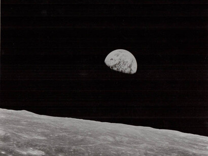 William Anders, Earthrise, the first-ever witnessed by human eyes, Apollo 8, December 1968, [AS8-14-2383], caption on verso, Vintage gelatin silver print, 20.4 x 25.9 cm