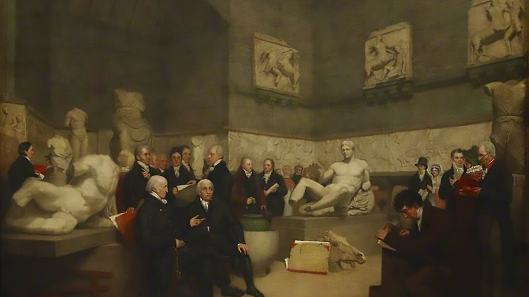 The Trustees in the Temporary Elgin Room, 1819, by Archibald Archer, depicts the Elgin Marbles at the British Museum surrounded by museum staff, a trustee, and visitors