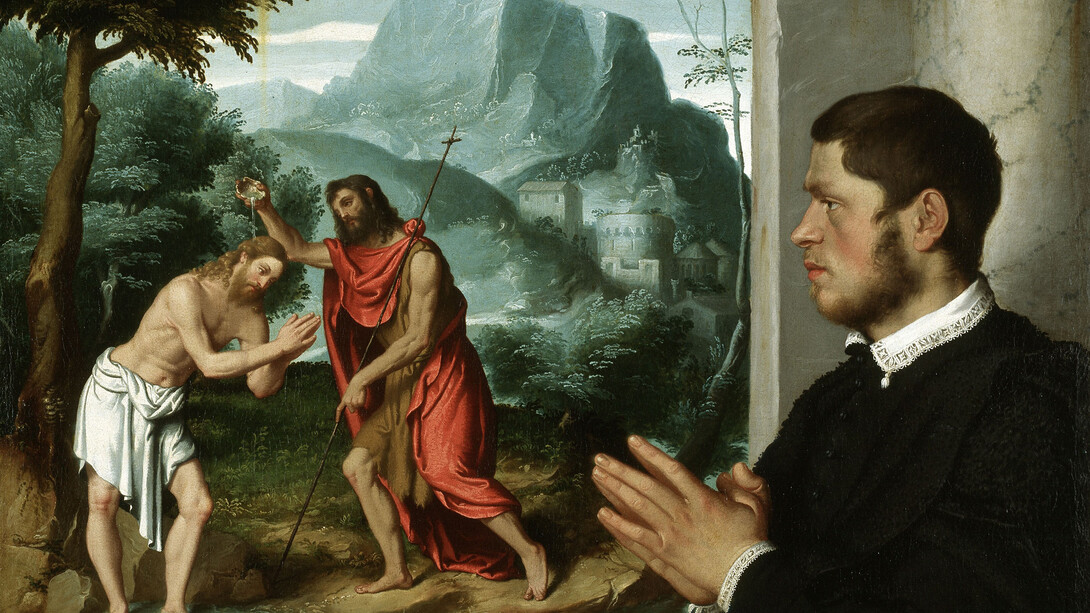 Giovanni Battista Moroni, A Gentleman in Adoration before the Baptism of Christ (detail), c.1555-60. Oil on canvas, 112.8 x 104 cm, Gerolamo and Roberta Etro. Photo Gerolamo and Roberta Etro