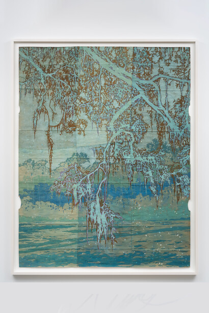 Maysey Craddock, Storm Vigil, 2023. Gouache, flashe, and thread on found paper, 61 3/4 x 48 in. (66 x 52 in. framed). Photography Credit: Phil Maisel. Courtesy of Sarah Sheperd Gallery