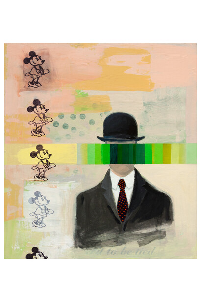 Sheldon Greenberg, Eyes Without A Face, 2023, acrylic and screen print on panel, 28x24 7/8 inches. Courtesy of the artist and Modernism Inc.
