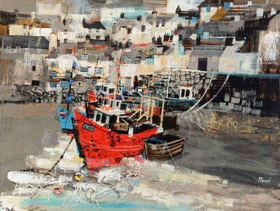 Mike Bernard RI, Moored Fishing Boats, Polperro, mixed media on canvas, 30 x 40 ins (76 x 102 cms)