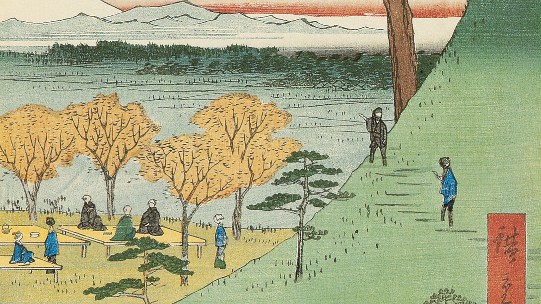Utagawa Hiroshige, Le Mont Fuji originel Meguro, Meguro Moto-Fuji, avril 1857, détail. Gravure sur bois en couleurs, 36 x 24 cm. Brooklyn Museum, New York