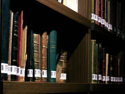 Libri ordinati e catalogati sui ripiani di uno scaffale