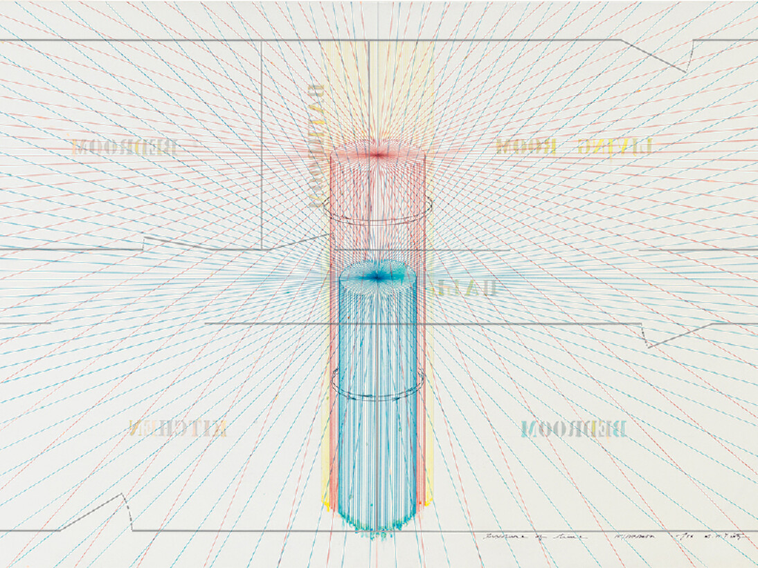 Arakawa, Texture of Time, 1977, Acrylic, pencil, art marker on canvas, 69 × 103 1/2 inches, framed (175.3 × 262.9 cm) © 2017 Estate of Madeline Gins. Reproduced with permission of the Estate of Madeline Gins, Photo by Rob McKeever
