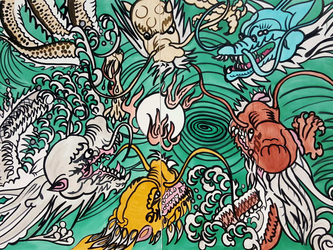 Pure Evil, Dream Eating Dragons, 2015, Spray and Ink on Canvas, 60” x 96”, Copyright Pure Evil
