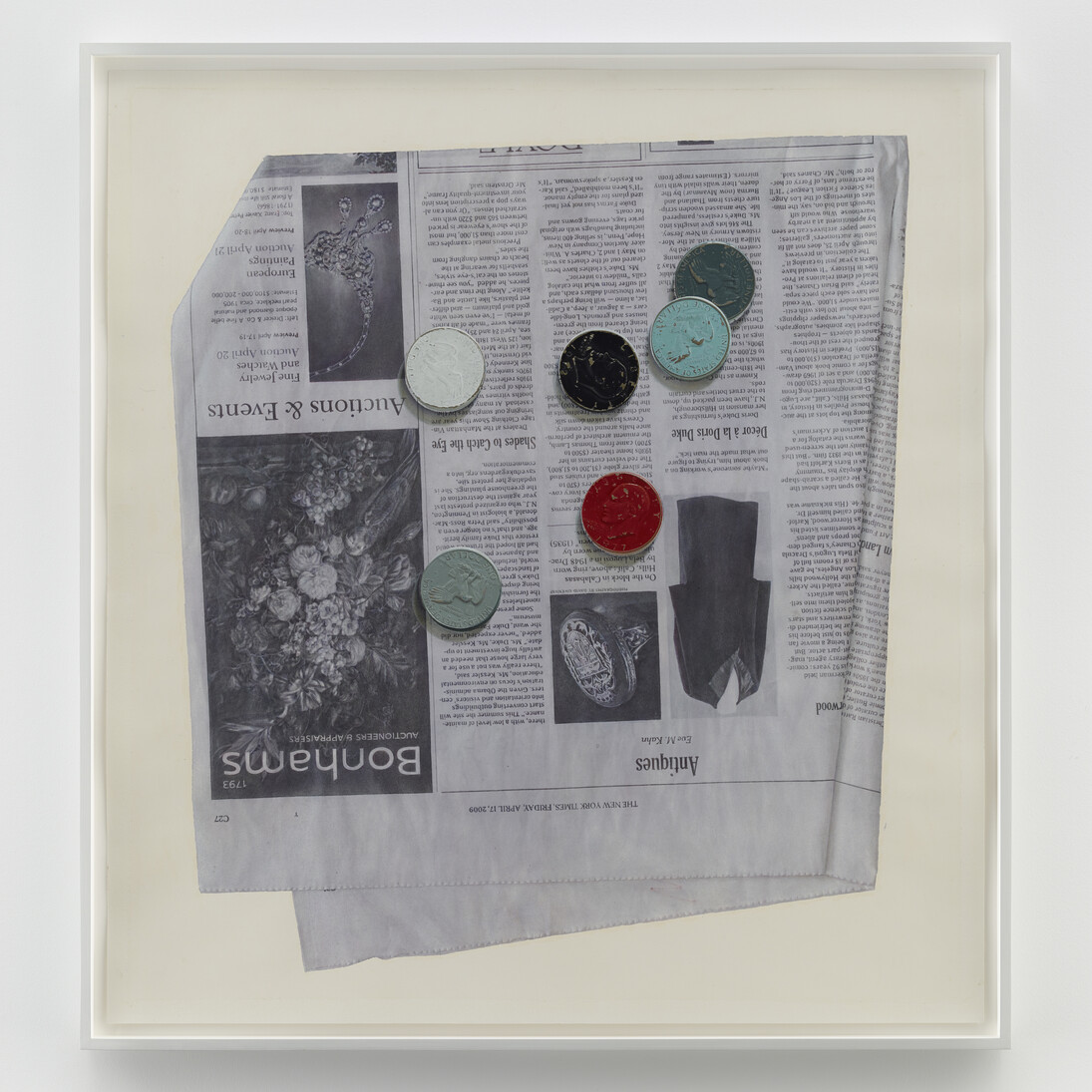 Paul Sietsema, Painted coins, 2014, Ink and enamel on paper in artist's frame, 32 x 34 1/2 inches. ©Paul Sietsema, Courtesy Matthew Marks Gallery