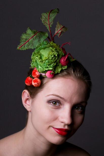 Deirdre Hawken, Just Picked headpiece: Silk organza, silk velvet, mixed media. Diameter 12 cm Height 12 cm
