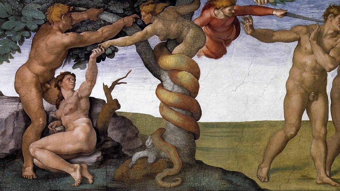 Pintura de Michelângelo retrata a expulsão do paraíso, na Capela Sistina, Vaticano. A interação entre o cristianismo e as culturas indígenas resultou na construção de uma nova mentalidade coletiva, onde a noção de pecado e o dualismo bem/mal desempenharam papeis centrais
