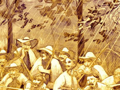 Combatientes bajo la lluvia, la víspera de la batalla. Dibujo: Carlos Aguilar Durán