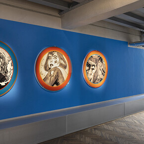 Dara Birnbaum, Quiet Disaster, 1999. Set of 3 circular Plexiglas panels with Duratrans print, Diameter each: 44 in. / 111.76 cm. Exhibition view “Dara Birnbaum” at Osservatorio Fondazione Prada, Milan, 2023. Courtesy of the artist, Fondazione Prada, Milan, and Marian Goodman Gallery. Photo credit: Andrea Rossetti