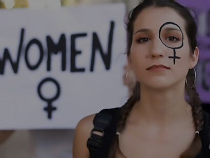 A compelling portrait capturing a woman passionately advocating for her rights, including gender equality, equal pay, and the right to vote