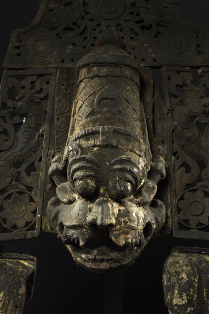 Narasimha detail of face
South India (Tamil Nadu), ca. 1700–1750 Wood with cloth and polychrome H. (with stand) 47 1/2 in. (120.7 cm); W. 40 in. (101.6 cm ); D. 20 in. (50.8 cm) Purchase, The Vincent Astor Foundation and Miriam and Ira D. Wallach Foundation Gifts, 2015
Photo: Courtesy of The Metropolitan Museum of Art