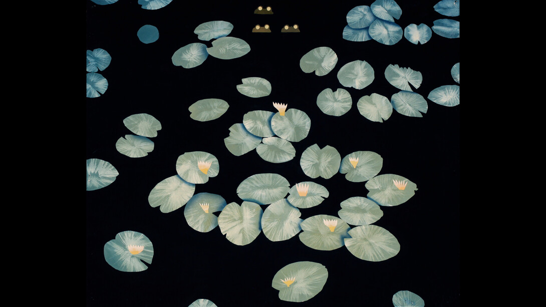 Casey Roberts, Frog Pond, cyanotype, gouache, and phosphorescent paint on paper, 35x42 inches, copyright the artist. Courtesy the artist and Momentum Gallery
