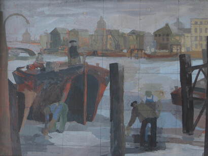 David McClure, Barges on the Thames, 1951, gouache, 23.5 x 30.5 cm