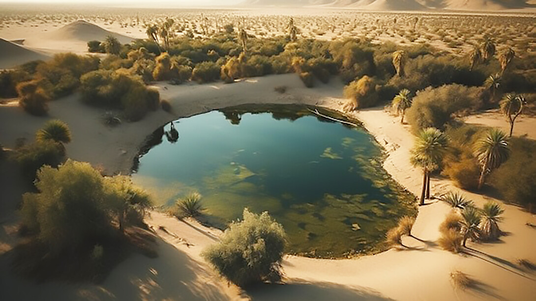 Discover the breathtaking beauty of an oasis nestled in the desert, surrounded by majestic mountains, with a serene lake and lush date palms creating a captivating landscape
