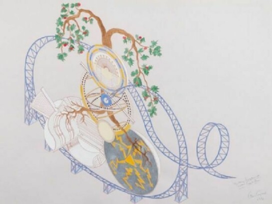 Alice Aycock (American, born 1946) Fantasy Sculpture III with Apple Tree, 1990 Ink and watercolor on paper, 39 1⁄4 x 27 1⁄2 inches. Collection of Hugh Freund, New York. Photo Credit: Dave Rittinger