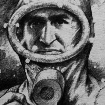 Retrato de Héctor Oesterheld con el traje del Eternauta, realizado por Solano López, 2004