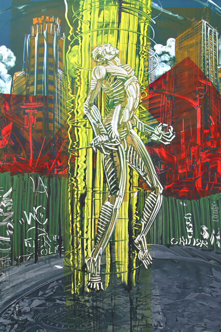 Mear One, “Elevator” 2004, Oil Based Ink on Arches Rives Paper, Monotype, 30″ x 44″