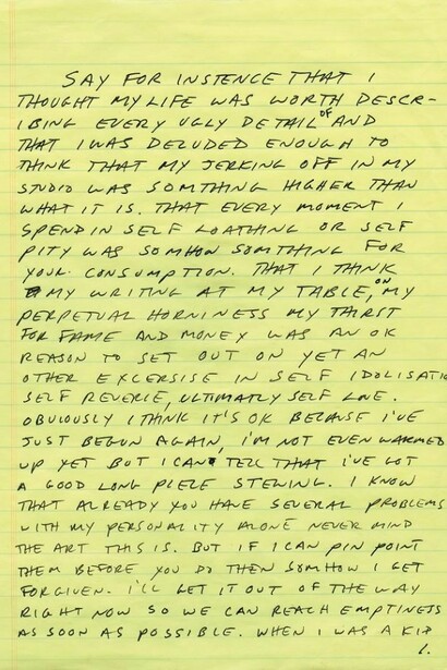 Sean Landers, Detail of [sic], 1993. Ink on paper, dimensions variable, 451 leaves, 11 x 8 1/2 inches each. Courtesy of the artist and Friedrich Petzel Gallery, New York.