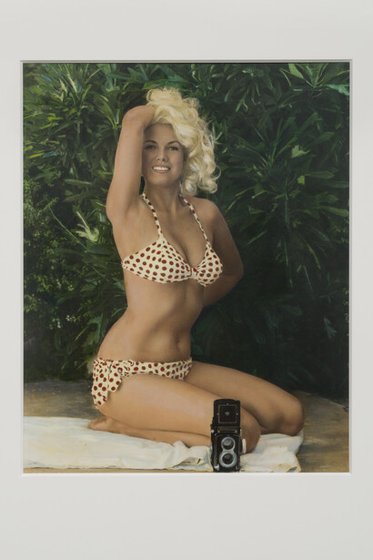 Bunny Yeager, Self Portrait in Polka Dot Bikini with Rolleicord Camera, 1963, Hand-painted fiber print, 20 x 16 inches,  courtesy of Bunny Yeager Archive and Gavlak, Photo credit: Jeff McLane
