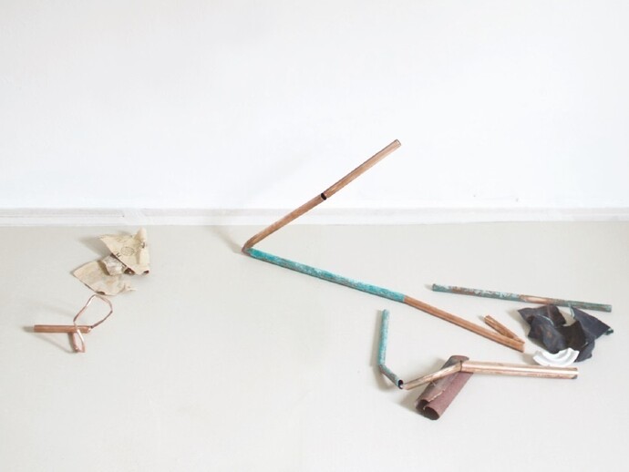 Zoe Giabouldaki, Status Updates, copper, nitric acid, sandpapers, porcelain, approx.120 x 80 cm, 2015