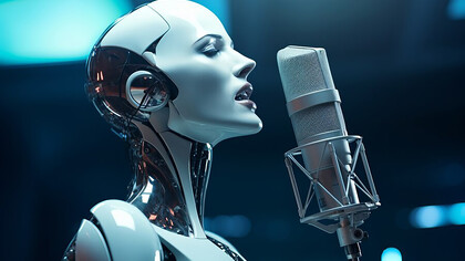 A view of a futuristic music robot performing dubbing, showcasing AI's role in entertainment and the rise of AI voice actors