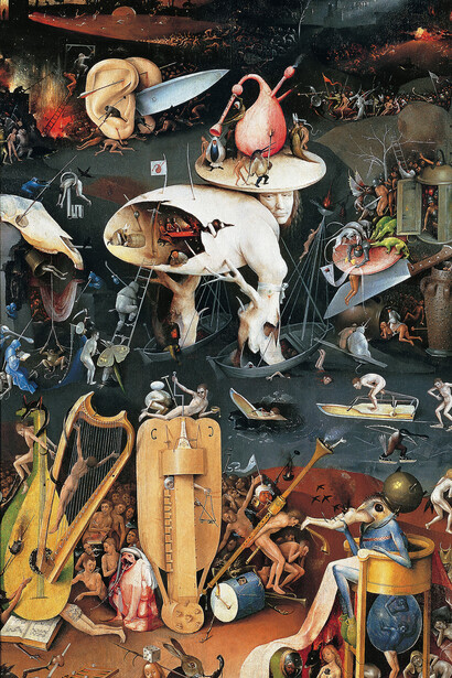 Jérôme Bosch. Le Jardin des délices, 1500-1505. Triptyque, huile sur panneau, 220 × 389 cm. Museo Nacional del Prado, Madrid : Détail du panneau droit du Jardin des Délices