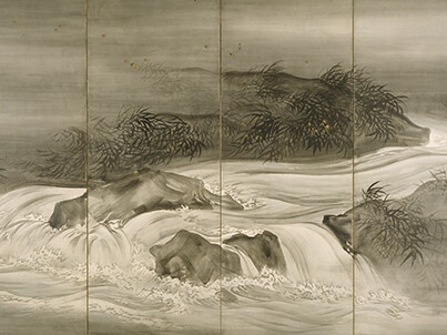 One of a pair of six-fold screens: ink with slight color and gold paint on paper, 68 x 148 1/2 inches. Purchase: William Rockhill Nelson Trust, 74-12/1.