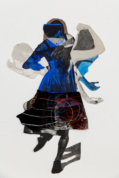 Sally Smart, The Choreography of the Cutting (Drawing Excercise) 2015, Synthetic polymer ink and oil pastel on linen and fabric with collage elements, 147 x 87 cm 