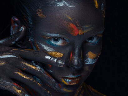 The deep, captivating body paint is a visual metaphor for AI's profound influence in art, empowering creators to explore new boundaries and express bold, uncharted ideas