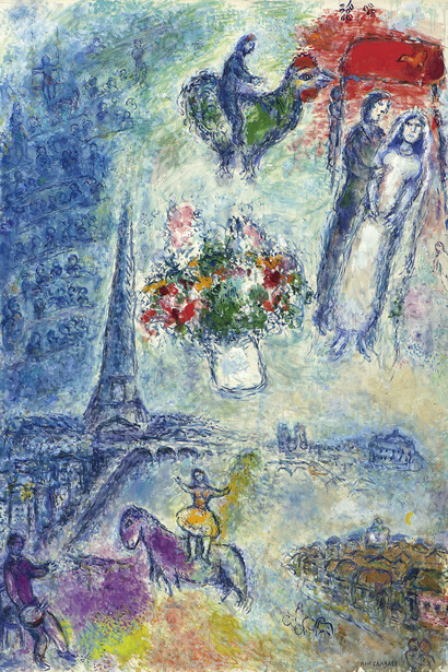 Chagall, Marc, Les mariés dans le ciel de Paris, 1980-1981,  oil and tempera on canvas, framed byLefebvre-Foinet, Paris, with stamp of authentification, 130 x 89 cm, Courtesy Galerie Boulakia 