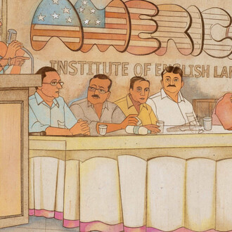 Roshan Chhabria, American institute of spoking english (detail), 2026. Courtesy of Sakshi Gallery