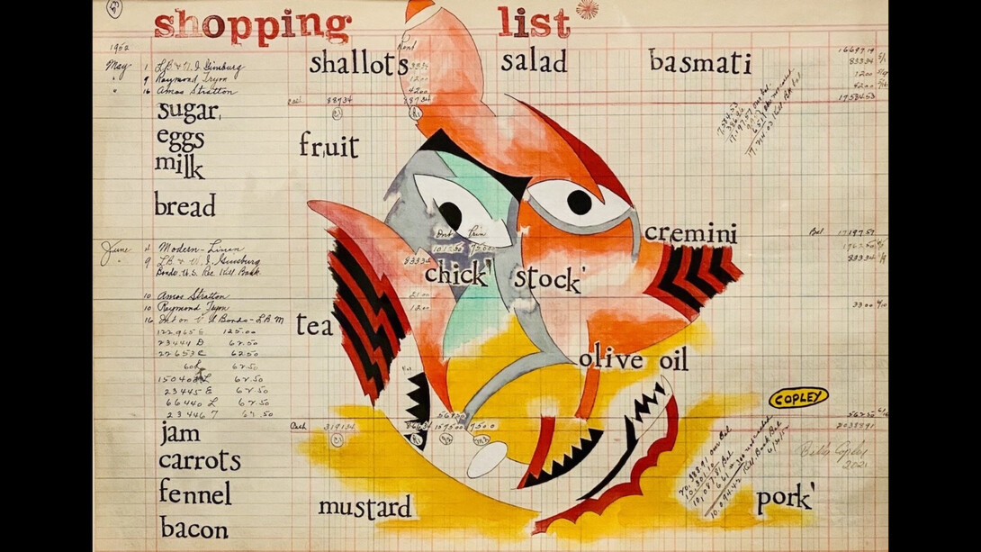 Billy Copley, Picasso (Shopping List), 2021, colored pencil, ink, pencil, acrylic on found ledger paper, 14 1/2x20 inches. Courtesy of Jennifer Baahng, NYC