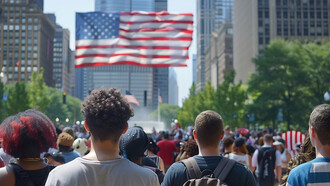 Citizens gather beneath an American waving flag, an emblem of unity and freedom