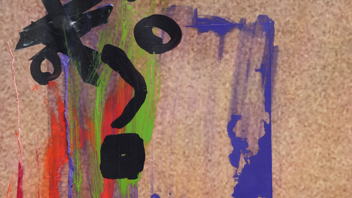 Jessica Stockholder, Palpable Glyphic Rapture (detail), 2014, Vinyl photographic poster, yarn, stone, acrylic paint,
plastic attachments, rivets, black tape, 106.5 x 39.5 x 10 cm, Courtesy of the artist and Galerie Nathalie Obadia,
Paris/Bruxelles