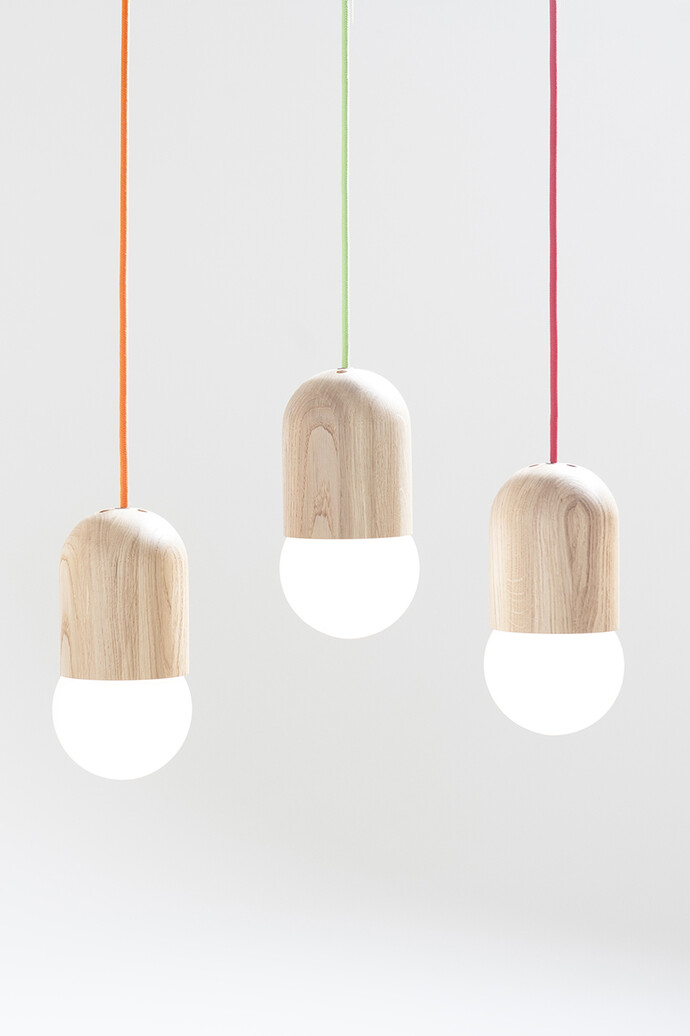 Katerina Kopytina, Light Beans, Local oak, natural oil finish. 12 colour textile cords, Size: H 24.5 cm x 12 cm. Cable length 3 meters, Courtesy of the designer and Gallery Elena Shchukina