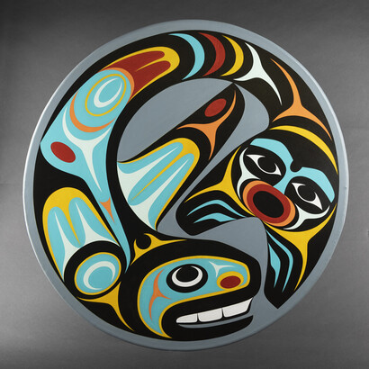 Maynard Johnny, Jr., Killerwhale Drum, acrylic on drum, 24x23.25x3.5 inches. Courtesy of Stonington Gallery
