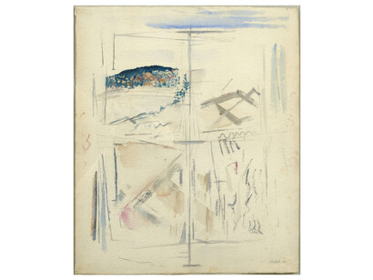 John Marin, 1870-1953, Looking Out The Window, West Point, Maine, 1914; watercolor and graphite on paper, 19 1/2x15 3/4 inches, signed and dated at lower right: Marin 14 // inscribed in Alfred Stieglitz's hand on an original label affixed to the reverse: Looking out the Window, Deer Isle— [sic] / Maine / by John Marin— / 1914. Courtesy of Lincoln Glenn Gallery