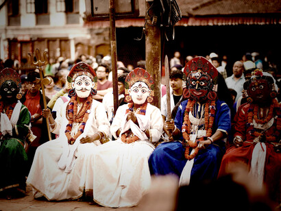 Colorful masked dancers perform during a traditional festival in Kathmandu, Bagmati Province, Nepal