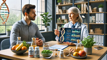 A nutritionist discussing personalized dietary plans with a client, highlighting the role of genetic testing in optimizing health and wellness