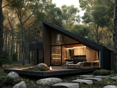 Casa y estructura de madera bajo los árboles