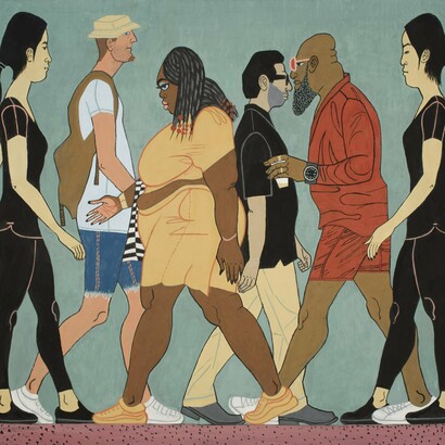 Yves Tessier, Pedestrians, Version 2 (detail), 2023, casein on wood panel, 30 x 36 in. Courtesy of the artist and Shrine Gallery