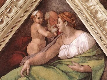Michelangelo Buonarroti, vela sopra Ezechia, Manasse e Amon, "Antenati di Cristo", 1510 circa. Cappella Sistina, Città del Vaticano