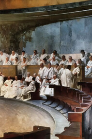 A fresco by Cesare Maccari (1840-1919) depicting Roman senator Cicero (106-43 BCE) denouncing Catiline's conspiracy to overthrow the Republic in the Roman senate. (Palazzo Madama, Rome), Italy